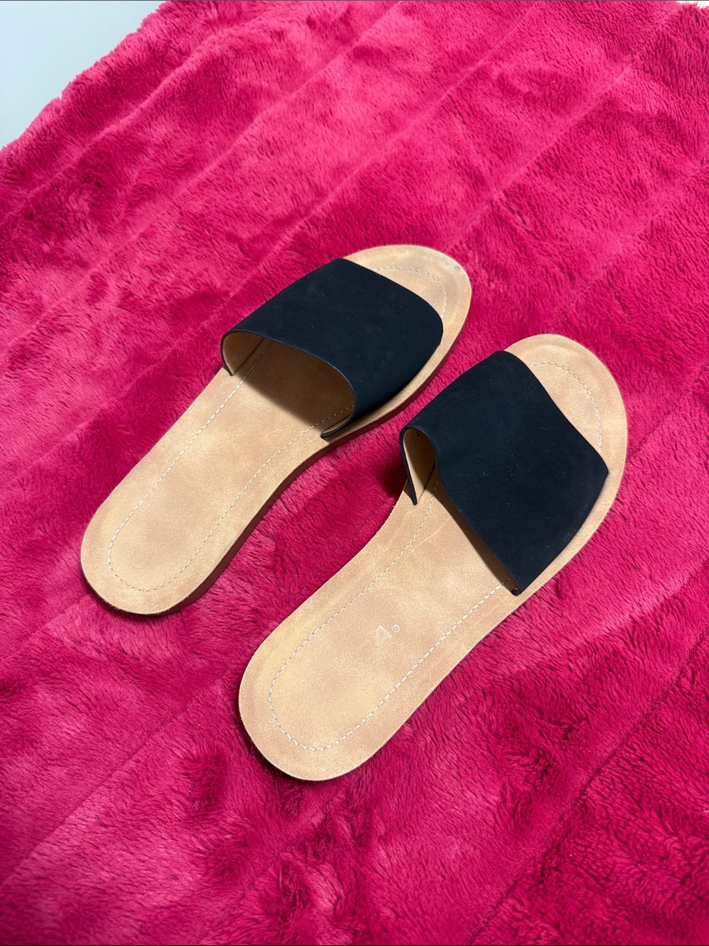 Soda Black Slide Sandals with Tan Footbed